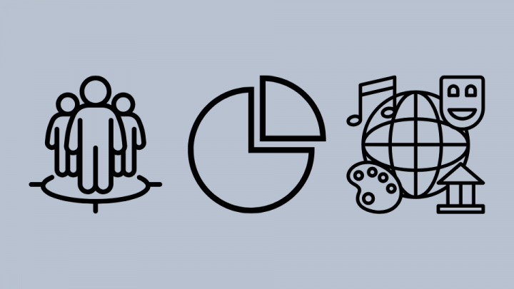 Illustration mit Figuren, Tortendiagramm und Kultursymbolen