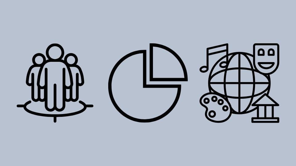 Illustration mit Figuren, Tortendiagramm und Kultursymbolen