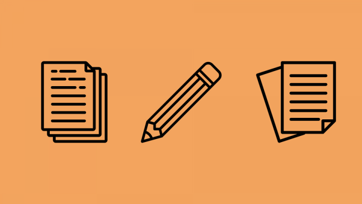 Illustration von Papierdokumenten und Stift in orange