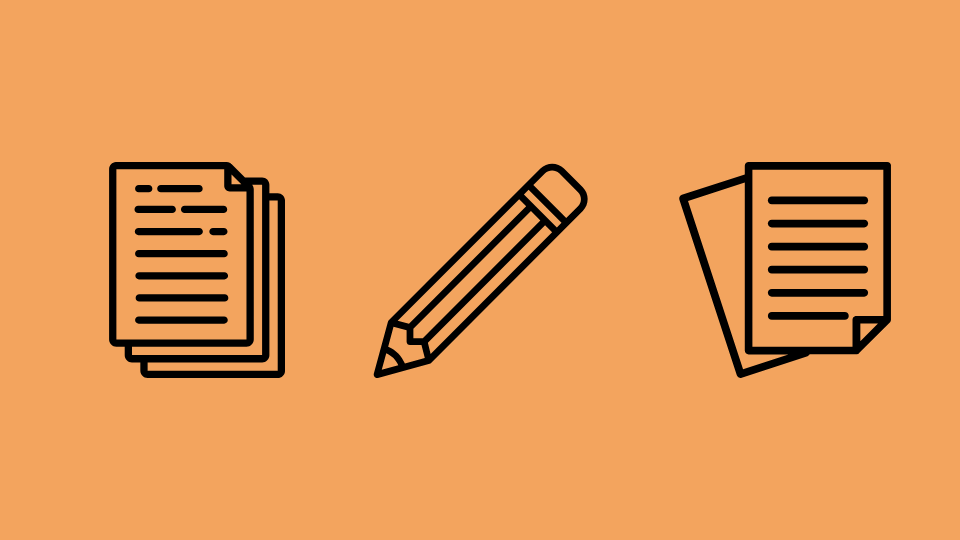 Illustration von Papierdokumenten und Stift in orange