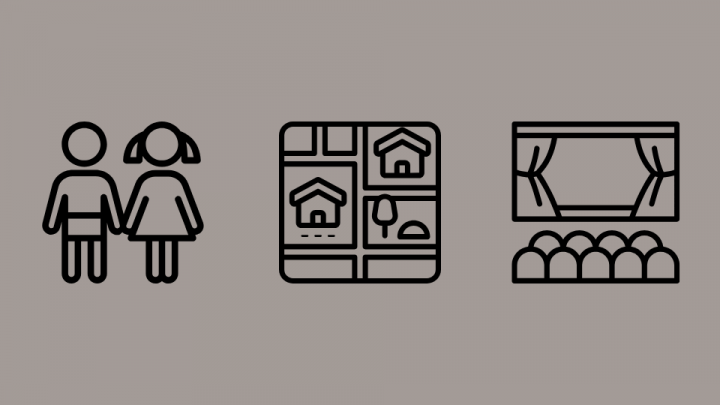 Verschiedene Illustrationen und Icons, die Kulturarbeit im Stadtraum für Kinder und Jugendliche symbolisieren.