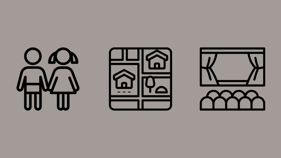 Verschiedene Illustrationen und Icons, die Kulturarbeit im Stadtraum für Kinder und Jugendliche symbolisieren.