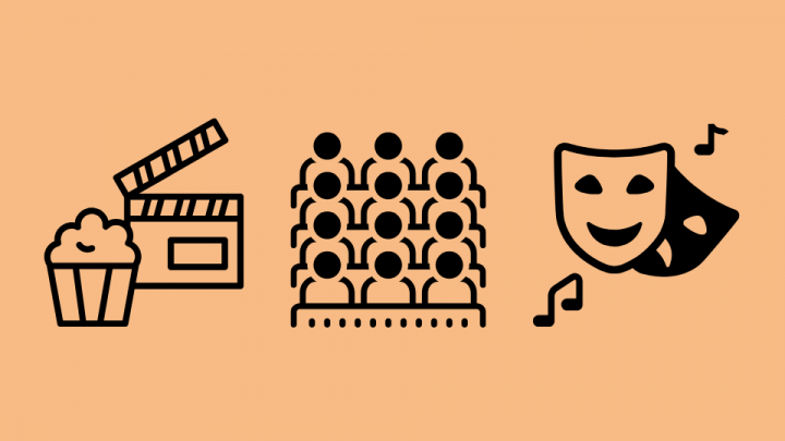 Verschiedene Illustrationen und Icons, die Kino, Theater und ihr Publikum symbolisieren.