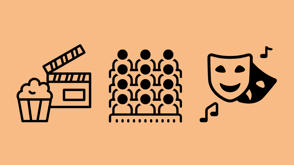 Verschiedene Illustrationen und Icons, die Kino, Theater und ihr Publikum symbolisieren.