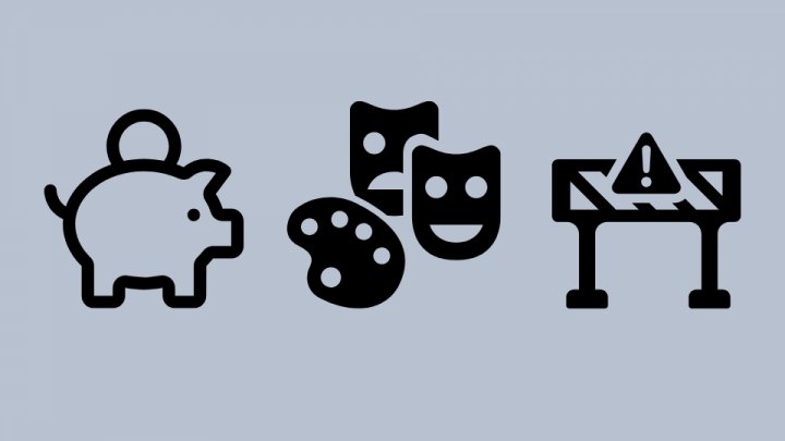 Illustration von Sparschwein, Barriere und Theatermasken