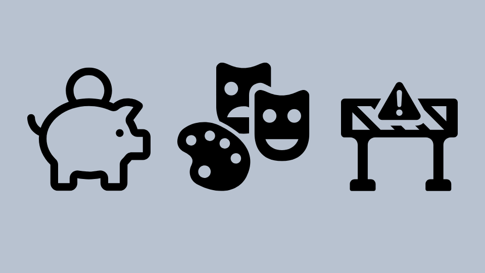 Illustration von Sparschwein, Barriere und Theatermasken