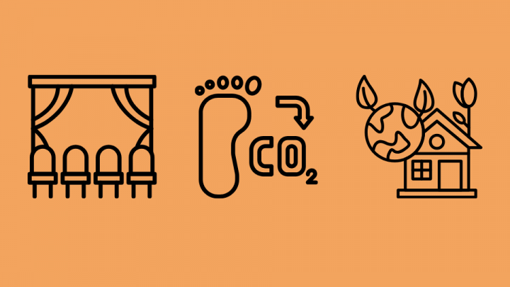 schwarze Illustrationen mit CO2-Fußabdruck, Publikum und einer Bühne